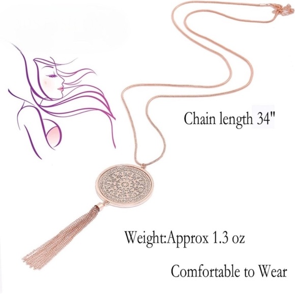 MOLOCH Tassel Fringe Circle Pendent Druzy Background Long Necklace - Picture 3 of 6